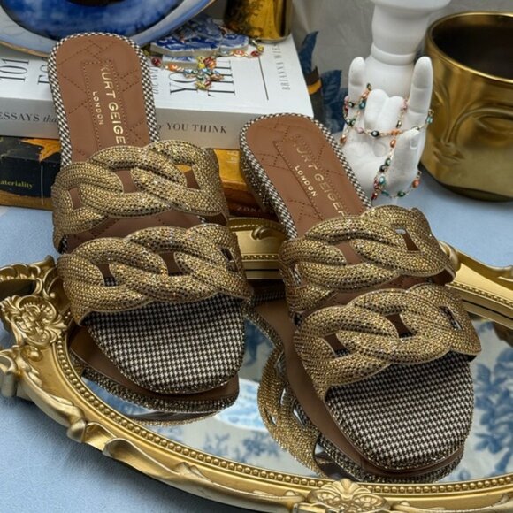 🆕 KURT GEIGER LONDON 🧿 NWOB Crystal Chain Flat Sandal, Gold - Sz EU37 US 7 - Picture 5 of 15
